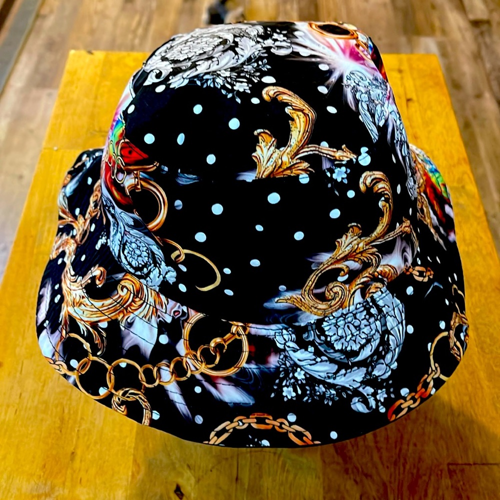 Gold Chain and Peacock Feathers Bucket Hat. Reversible!